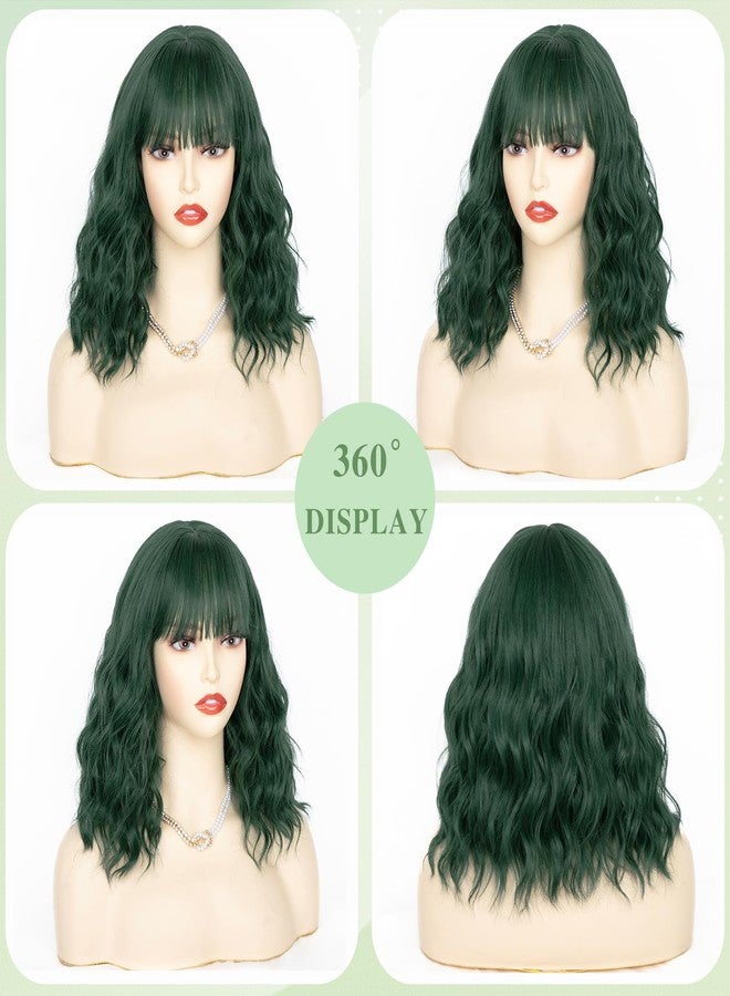 NAYOO Dark Green Wig with Bangs, 14 Inch Bob Wig with Bangs, Shoulder Length Green Short Wig for Daily Party Use - Image 5